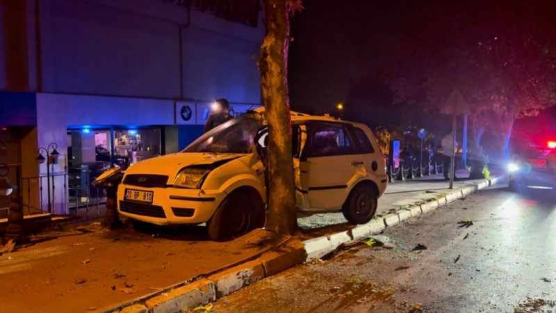 Denizli'de Direksiyon Hakimiyetini Kaybeden Otomobil Ağaca Çarptı