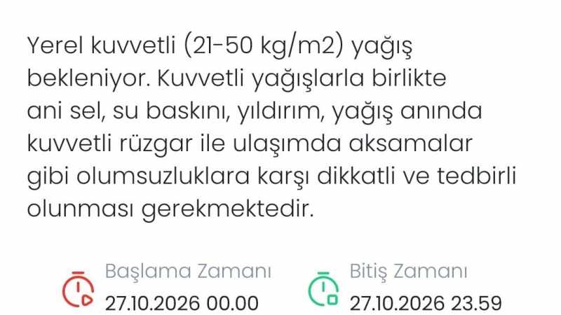 Denizli'de 27 Ekim'de kuvvetli sağanak uyarısı